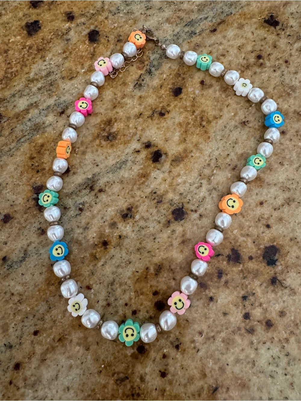 Pearl Beaded Necklace with Colorful Smiley Flower Accents